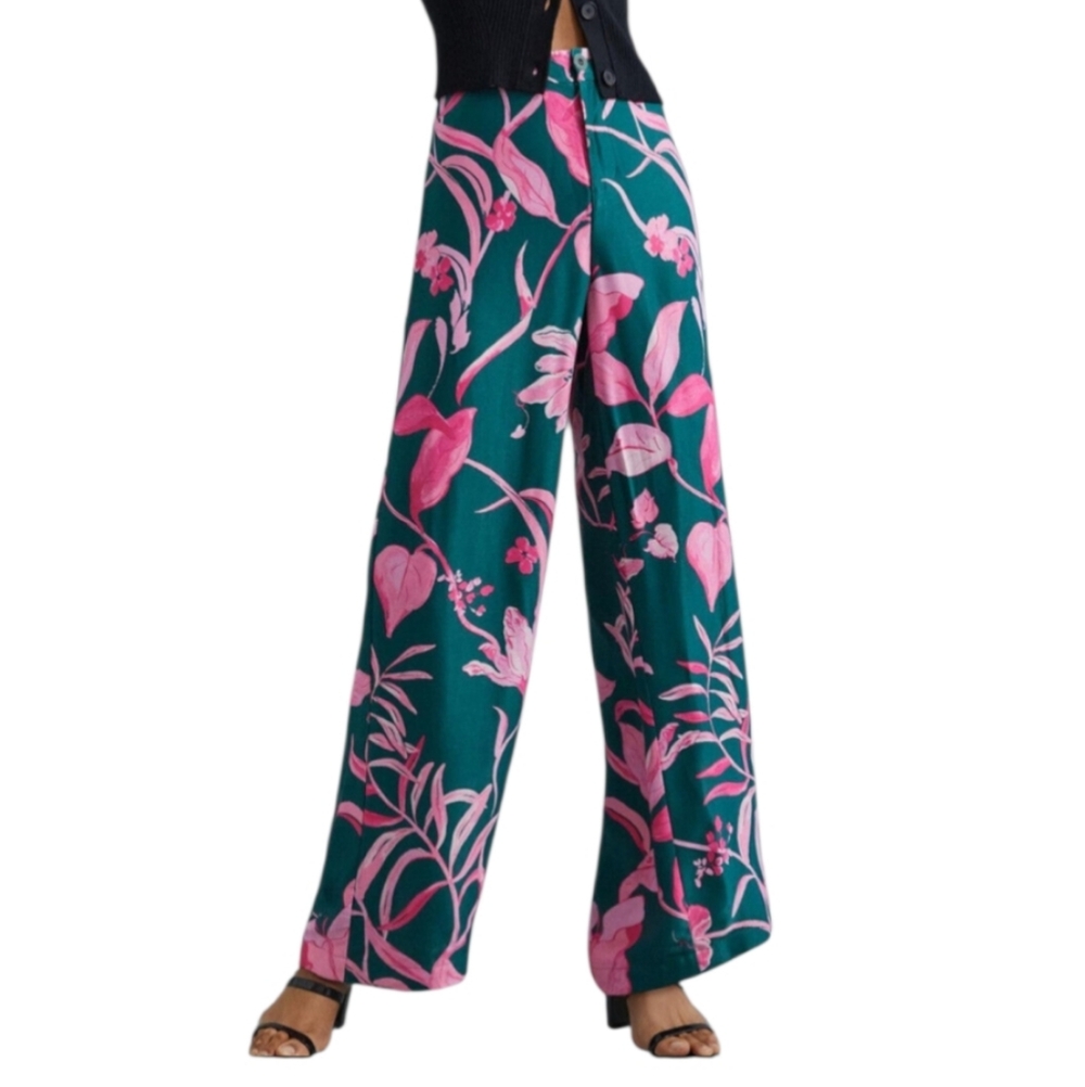 Anthropologie Teal Wide-Leg Pants with Pink Floral Print